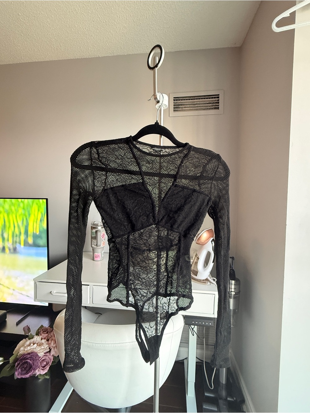 Guess Black Lace Long-Sleeve Corset Bodysuit - Picture 2 of 4